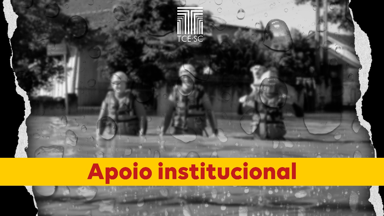 Imagem mostra três integrantes de equipes de segurança ao centro, andando por área alagada. A imagem está em preto e branco. Na parte inferior, há uma tarja amarela, com a expressão "apoio institucional" escrita em vermelho sobre ela.