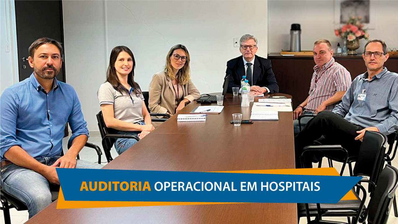 Banner horizontal. Ao fundo, imagem da reunião realizada. Presentes na foto, sentados ao redor de uma mesa, estão Reinaldo Fernandes Lopes, Hélvion Antônio Ribeiro Filho, Valmor Busnello, Patrícia Angela Gollin e os auditores fiscais de controle externo do TCE/SC Rafaela Leão Barreto Vianna e Renato Costa. À frente, na parte central e inferior, o título “Auditoria Operacional em Hospitais” nas cores azul e amarela.