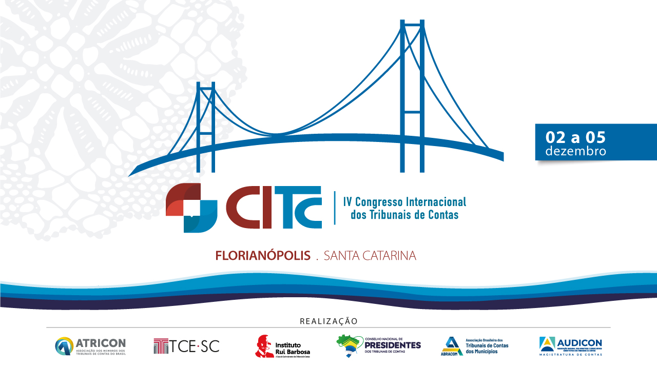 Banner horizontal com fundo branco. Ao centro, desenho da ponte Hercílio Luz, na cor azul. Abaixo, logo do Congresso Internacional dos Tribunais de Contas, composto pelo nome por extenso e pela sigla, CITC. Ao lado, o texto "2 a 5 de dezembro". Abaixo, o texto "Florianópolis, Santa Catarina". Na borda inferior, logo dos realizadores do evento. Entre eles, o TCE/SC.