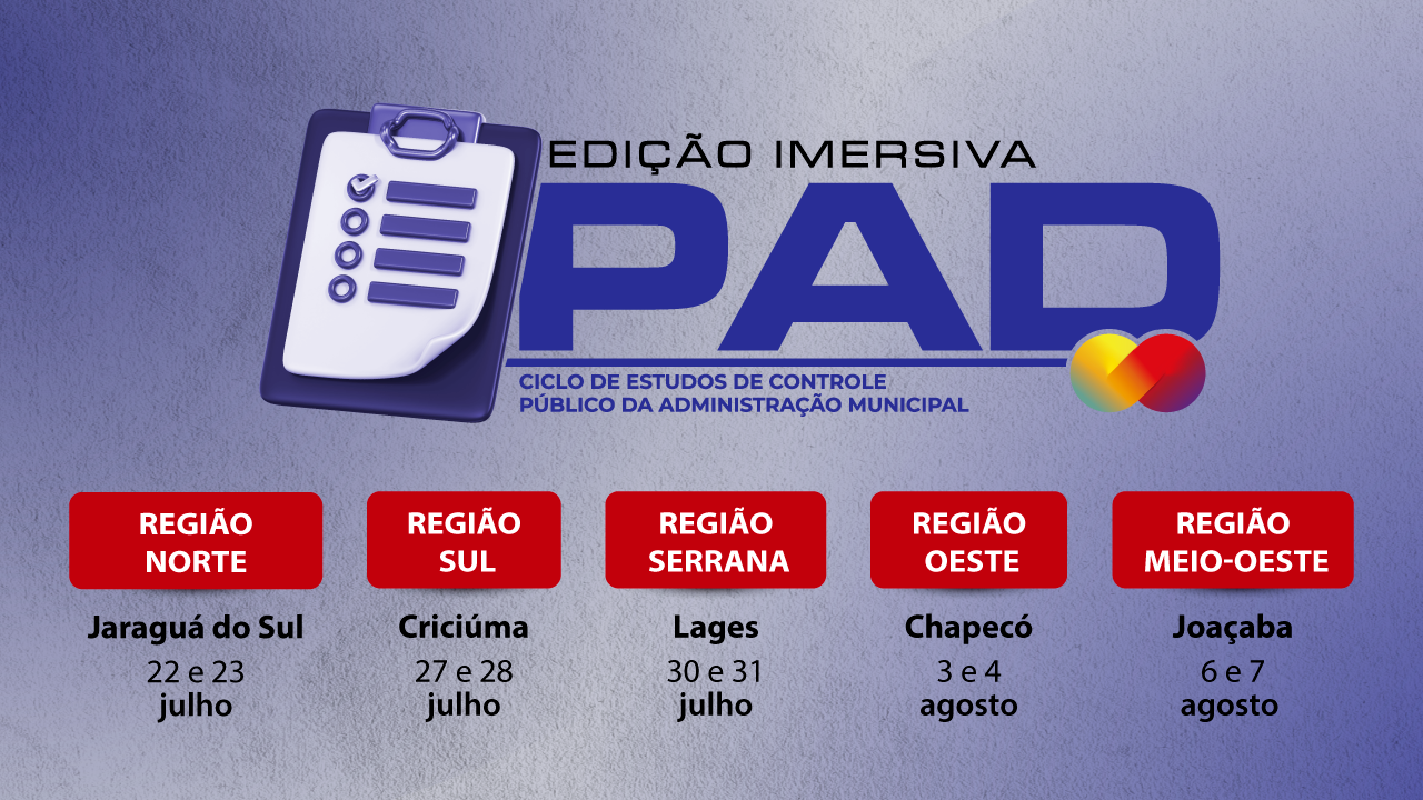 Banner horizontal com fundo em tons de azul. Ao centro, logo do evento Ciclo de Estudos: Edição Imersiva PAD, composto pelo nome e pelo desenho de uma lista de tarefas. Abaixo, em retângulos vermelhos, a programação: Região Norte, Jaraguá do Sul, 22 e 23 de julho. Região Sul, Criciúma, 27 e 28 de julho. Região Serrana, Lages, 30 e 31 de julho. Região Oeste, Chapecó, 3 e 4 de agosto. Região Meio-Oeste, Joaçaba, 6 e 7 de agosto.