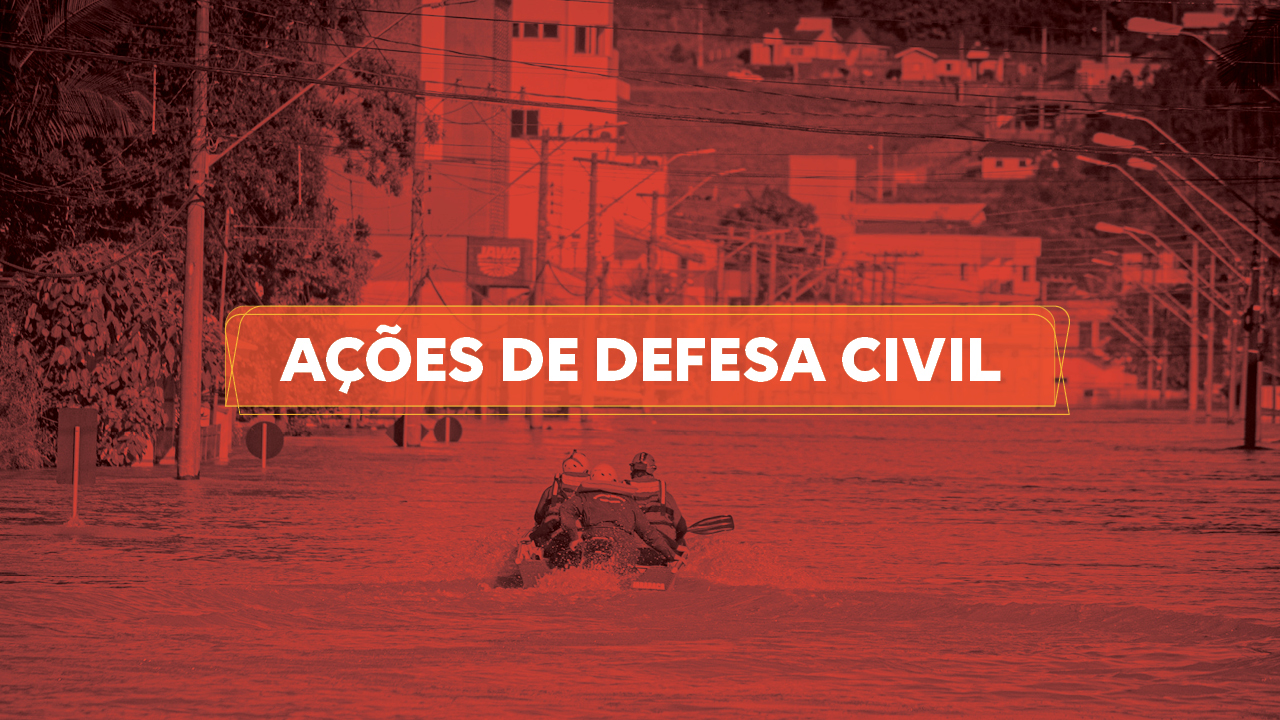 Banner horizontal com foto de uma rua alagada durante enchente. Ao fundo, há prédios e outras construções. Ao centro, equipe realiza resgates com um barco. Sobre a foto, em tarja vermelha, o texto “Ações de defesa civil”. 