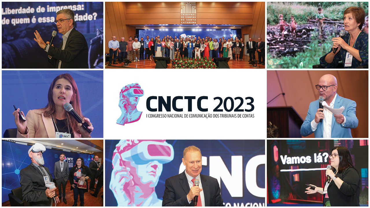 Banner com um mosaico de fotos de palestrantes, dispostas em três colunas e em três linhas, sobre um fundo branco. No centro, o logotipo do evento. 