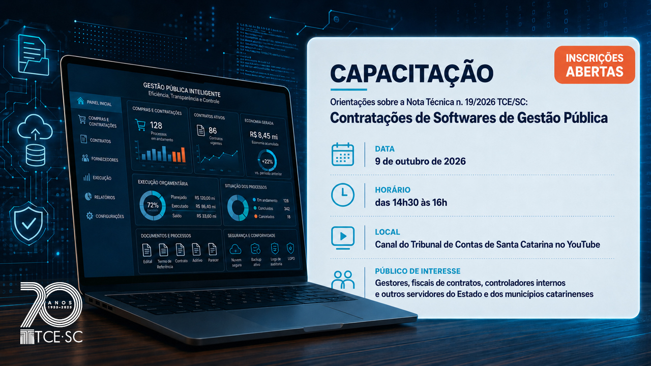 Banner horizontal de divulgação de capacitação sobre a Nota Técnica n. 19.2026 do TCE/SC. À esquerda, um notebook com um sistema aberto, com gráficos e tabelas. À direita, card com fundo claro e com as informações do evento, como data (9 de outubro), horário (das 14h às 16h) e local (canal no YouTube). Acima, há um retângulo laranja com a informação “Inscrições abertas”.