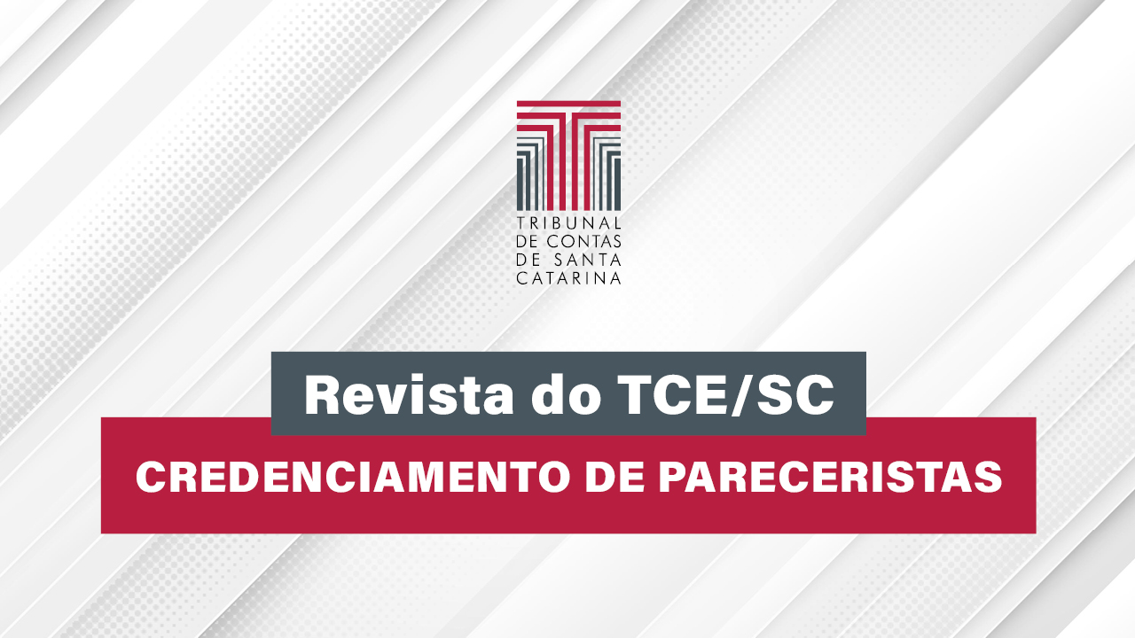Banner com fundo cinza claro. Sobre o fundo, o logotipo do TCE/SC e os textos “Revista do TCE/SC” e “Credenciamento de Pareceristas”, em fonte branca e sobre retângulos cinza e bordô, respectivamente. 