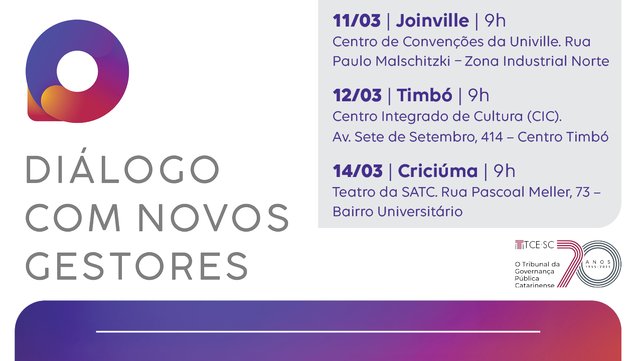 Imagem em fundo branco tem detalhes em azul e roxo e laranja. No alto, à esquerda, há o logo do evento. Abaixo está escrito "Diálogos com novos gestores". No alto, à direita, há o local de três eventos (Joinville, Timbó e Criciúma). O logo do TCE/SC celebrando os 70 anos está logo abaixo