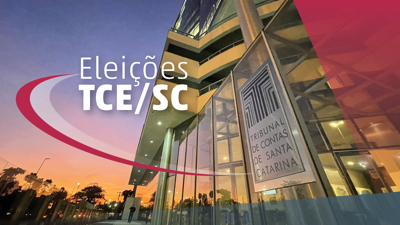 Banner com a foto da sede do TCE/SC. Texto “Eleições TCE/SC”, em fonte branca, no lado esquerdo. 
