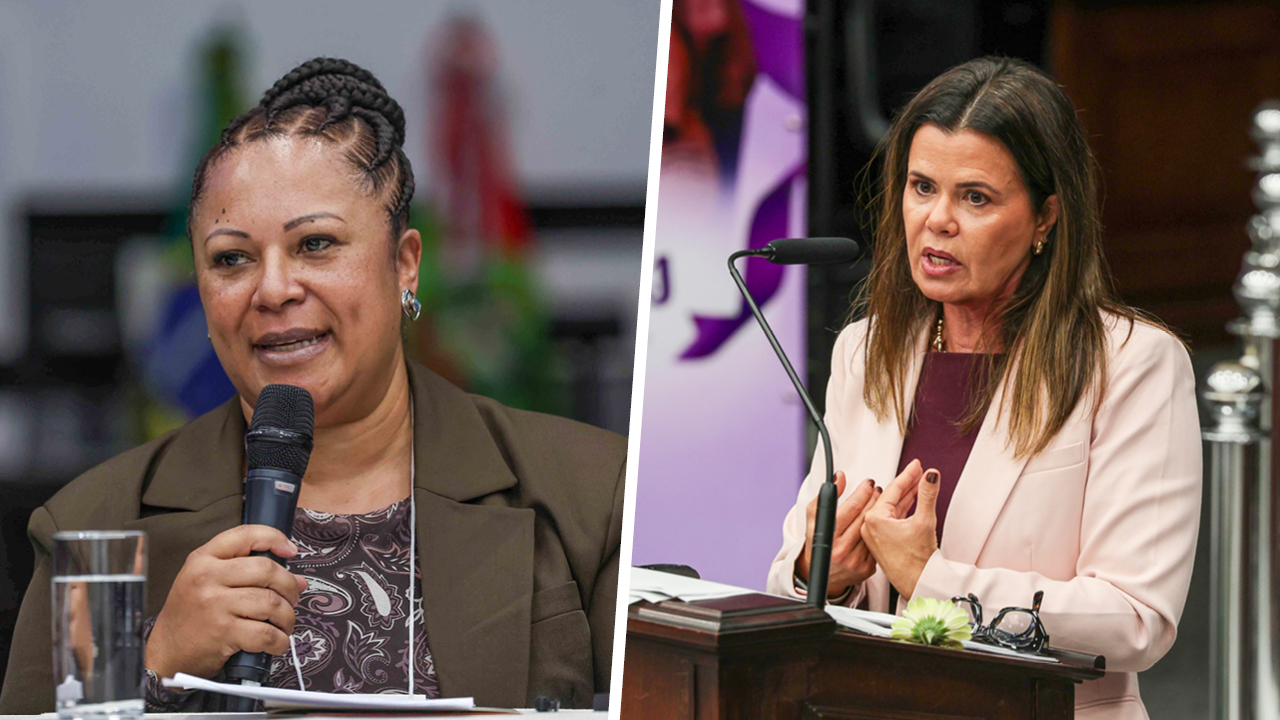 Banner horizontal dividido ao meio com foto da diretora Walkiria Maciel e da procuradora Cibelly Farias. Walkíria é uma mulher negra, de cabelos trançados e presos. Veste roupa escura e fala ao microfone. Cibelly é uma mulher branca, de cabelos castanhos. Veste roupa clara e fala ao microfone. 