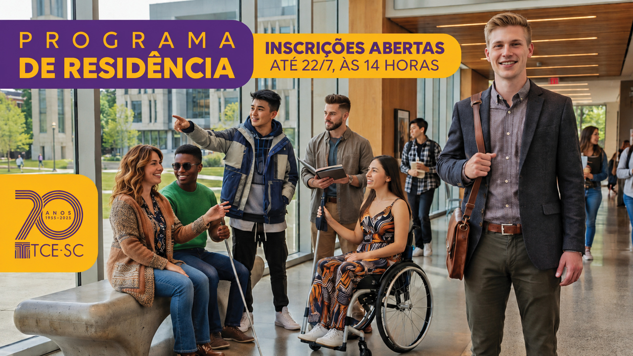 Banner horizontal com foto de alguns jovens em um corredor, conversando. Há uma cadeirante e uma pessoa cega. Em destaque, um jovem sorri para a câmera. Sobre a foto, em tarjas roxa e amarela, o texto “Programa de Residência. Inscrições abertas até 22/7, às 14 horas”. 