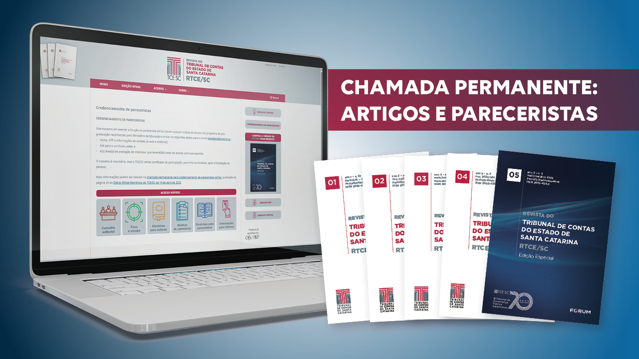 Banner horizontal com fundo azul. À esquerda, imagem de um notebook com print de tela do Sistema OJS. À direita, o texto “Chamada permanente: artigos e pareceristas”, em uma tarja bordô, e cinco capas da RTCE/SC sobrepostas. As capas são compostas pelo título da revista e pela logo do TCE/SC e da Fórum. Quatro delas têm fundo branco e uma, a de cima, tem fundo em tons de azul. 