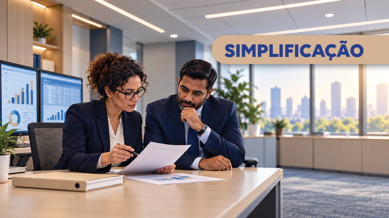Banner horizontal com foto de duas pessoas, um homem e uma mulher, sentados lado a lado em ambiente de escritório, analisando um documento. Sobre a foto, em tarja bege, o texto “Simplificação”.
