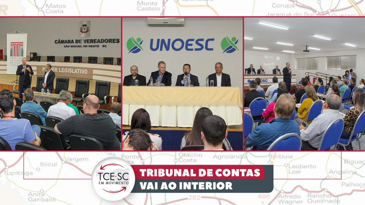 Banner horizontal com três fotos sobre um fundo com parte do mapa do Estado, e, na parte inferior, no centro, o logotipo do TCE/SC em movimento e o "TCE/SC em movimento - Tribunal de Contas vai ao interior", em fonte branca e sobre retângulos cinza e bordô. Nas três fotos, há diversas pessoas, entre elas, o presidente do TCE/SC, conselheiro Herneus De Nadal, o conselheiro substituto Gerson dos Santos Sicca e o diretor de Contas de Governo, Moisés Hoegenn.