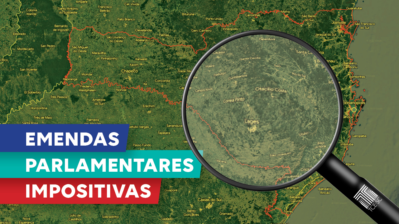 Banner com mapa de Santa Catarina, na cor verde e contornado com a cor vermelha. Sobre a imagem, na lateral esquerda, o texto Emendas parlamentares impositivas”, em fonte branca e sobre retângulos nas cores azul, verde e vermelha. No centro para a lateral direita, a imagem de uma lupa com a logo do TCE/SC. 