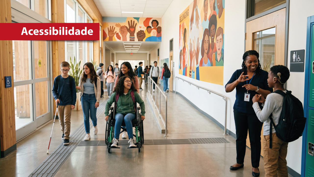 Banner horizontal com foto de corredor escolar por onde passam estudantes, incluindo uma jovem cadeirante e um menino com o auxílio de muleta. À direita, uma profissional conversa em língua de sinais com um aluno que usa aparelho auditivo. O corredor possui rampas, corrimão, piso tátil e sinalização de acessibilidade. Sobre a foto, à esquerda, em tarja vermelha, o texto “Acessibilidade”. 