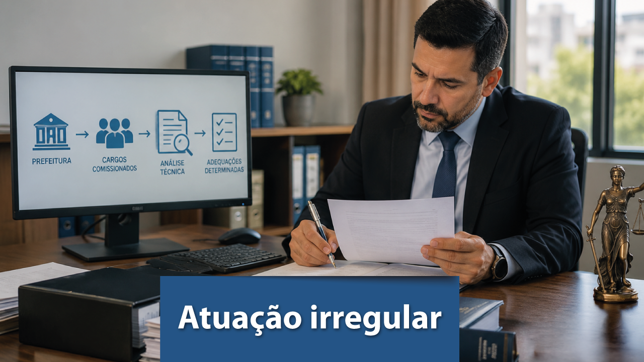 Banner horizontal de um homem de terno sentado em uma mesa de escritório, analisando documentos. Ao lado, um monitor exibe um fluxo com as etapas “Prefeitura”, “Cargos comissionados”, “Análise técnica” e “Execuções determinadas”. Sobre a imagem, há uma faixa azul com o texto “Atuação irregular”. Ao fundo, aparecem estantes, equipamentos de escritório e uma estatueta da Justiça sobre a mesa. 