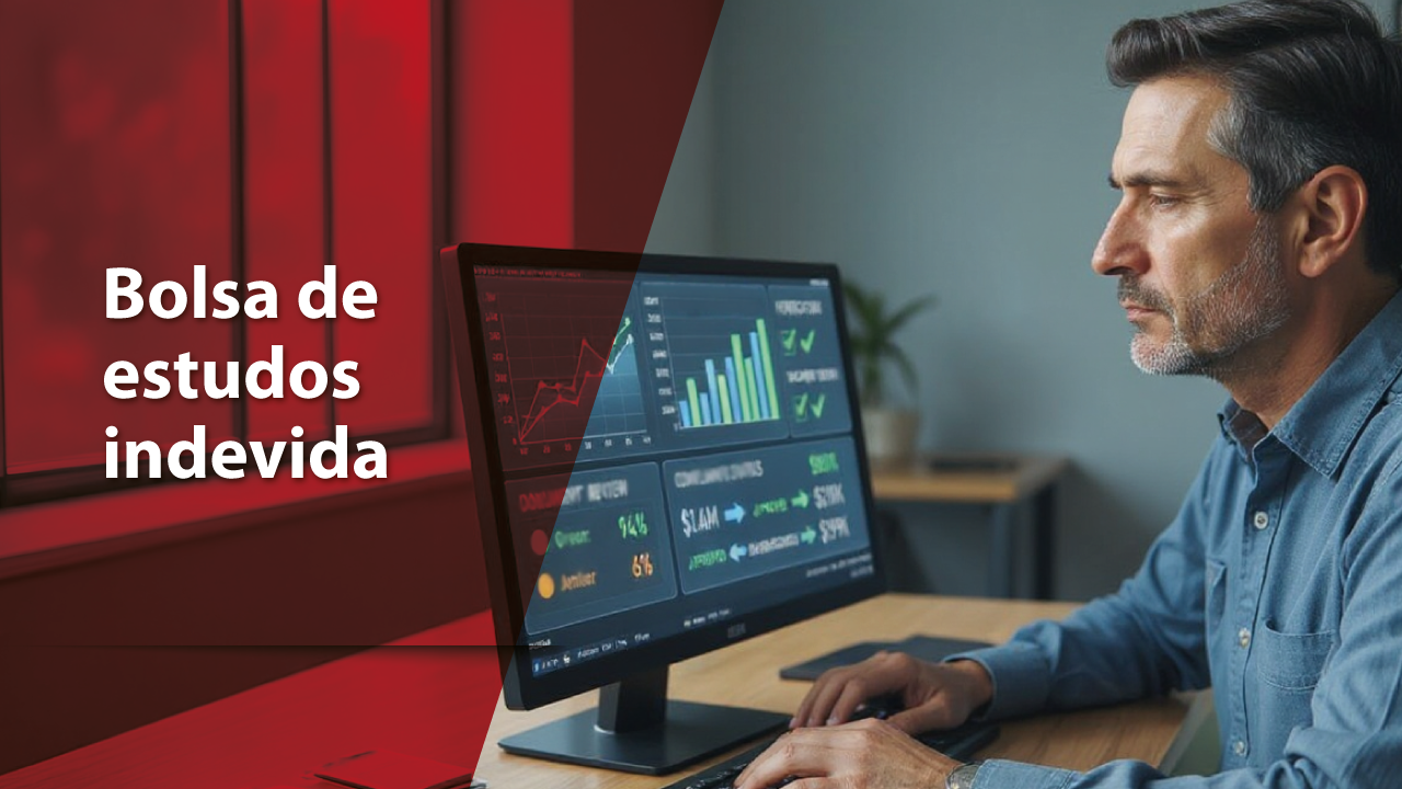 Banner horizontal com imagem ilustrativa de um homem sentado diante de um computador, analisando gráficos e indicadores exibidos na tela. À esquerda, sobre uma faixa vermelha semitransparente, aparece o texto “Bolsa de estudos indevida”. 