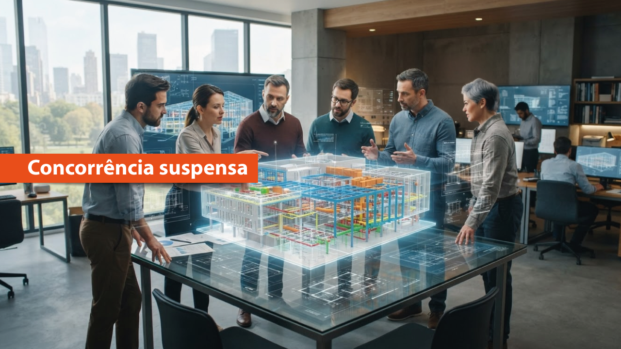 Banner horizontal que ilustra uma reunião técnica na área de engenharia e construção. Seis profissionais estão reunidos em torno de uma mesa interativa, analisando uma maquete digital tridimensional de um edifício. Ao fundo, há telas com projetos e plantas arquitetônicas em um ambiente corporativo moderno. Sobre a imagem, uma faixa laranja destaca o texto “Concorrência suspensa”. 
