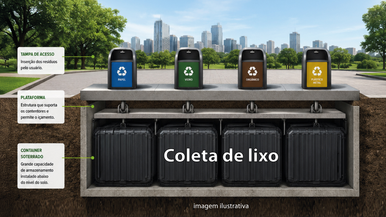 Banner horizontal com ilustração de um sistema de coleta subterrânea de lixo. Na parte superior, aparecem quatro lixeiras identificadas para separação de resíduos: papel (azul), vidro (verde), orgânico (marrom) e plástico/metal (amarelo), posicionadas em uma área urbana arborizada, com prédios ao fundo. A imagem mostra um corte lateral do solo, revelando contêineres subterrâneos conectados às lixeiras por uma plataforma de sustentação. À esquerda, caixas explicativas identificam componentes do sistema, como