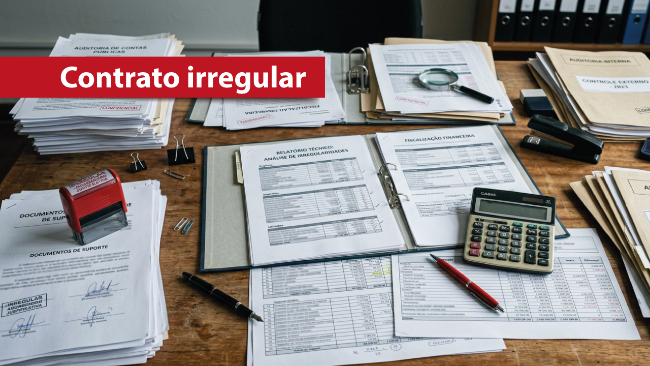 Banner horizontal com foto de uma mesa de trabalho repleta de documentos, relatórios, pastas, planilhas, calculadora, carimbos, canetas e uma lupa, remetendo à análise e fiscalização de contratos e despesas públicas. No canto superior esquerdo, há uma faixa vermelha com o texto em branco "Contrato irregular".