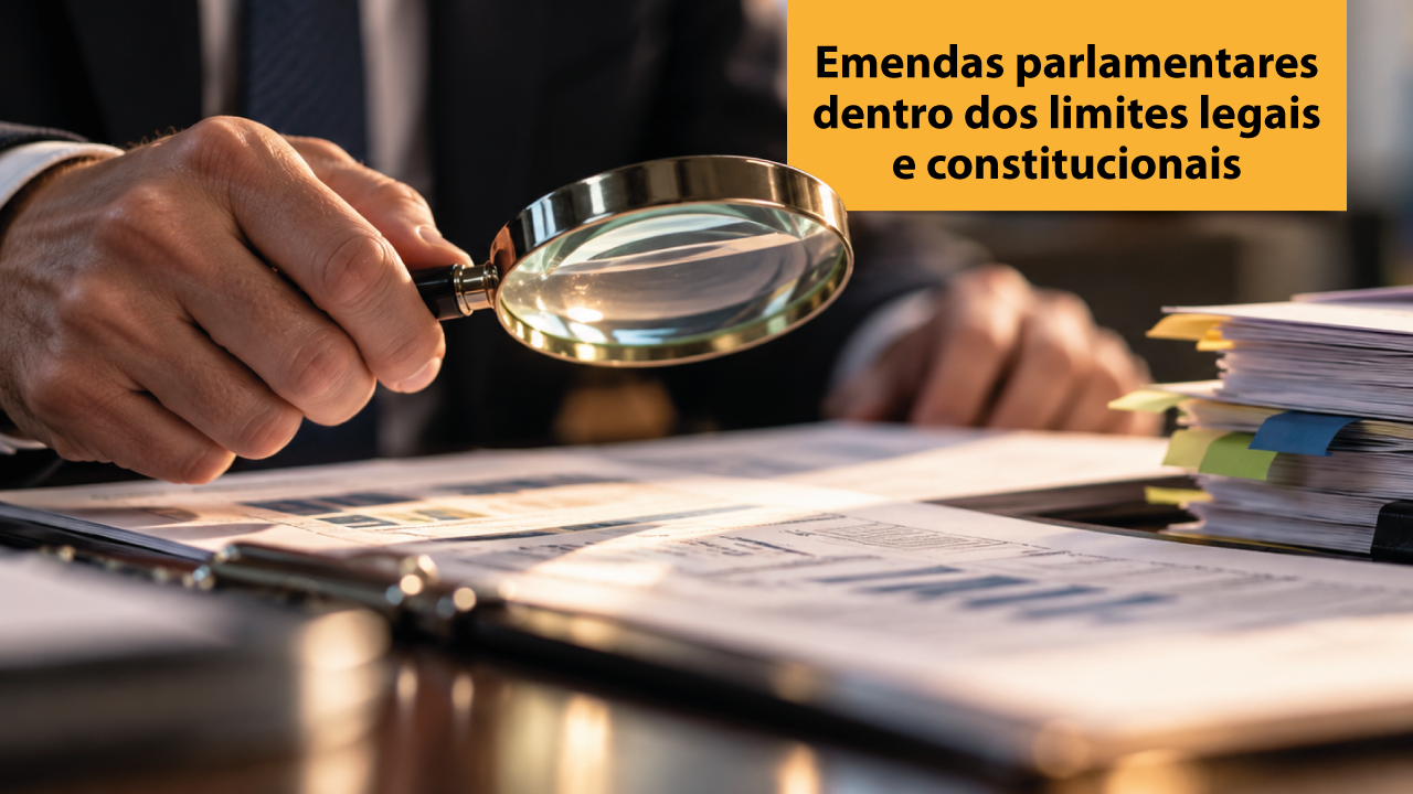 Banner horizontal com foto de pessoa segurando uma lupa sobre papéis. Sobre a foto, em tarja amarela, o texto “Emendas parlamentares dentro dos limites legais e constitucionais”. 