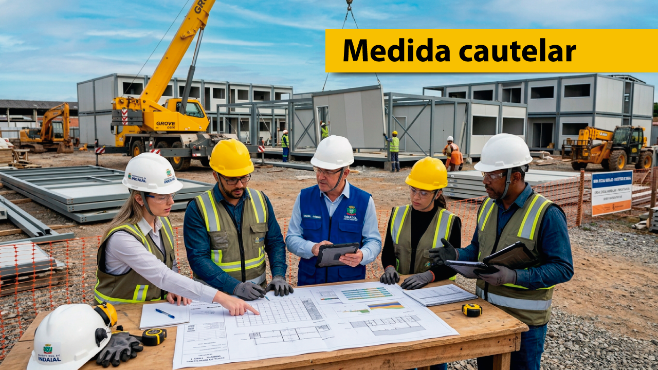 Banner horizontal com foto de uma obra. Em primeiro plano, cinco profissionais usando capacetes e equipamentos de segurança analisam plantas e documentos sobre uma mesa de trabalho. Ao fundo, há estruturas modulares em construção, máquinas pesadas e um guindaste em operação. No canto superior direito, uma faixa amarela destaca o texto “Medida cautelar”.   