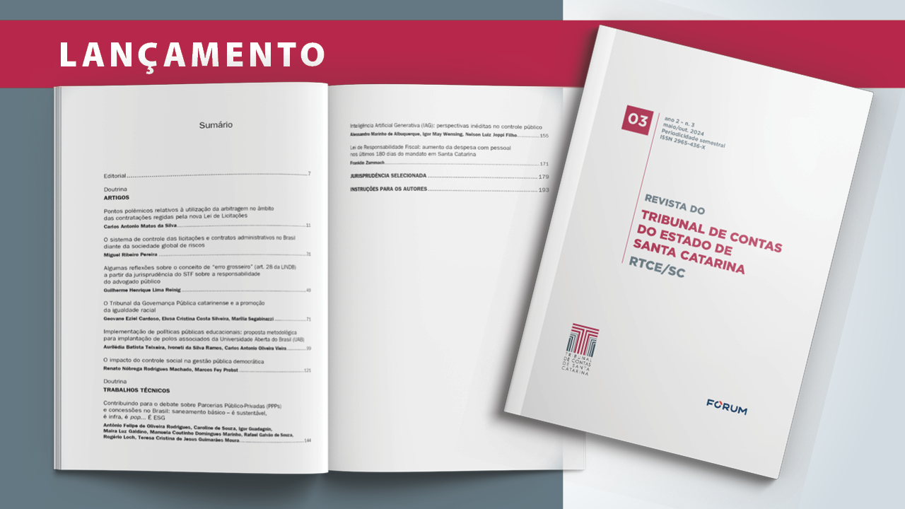 Banner horizontal com foto de três páginas da revista, com o sumário e a capa, composta pelo título, “Revista do Tribunal de Contas do Estado de Santa Catarina RTCE/SC”, pelas informações de ano, edição e ISSN, e pelos logos do TCE/SC e da Editora Fórum. Na parte superior do banner, sobre tarja vermelha, o texto “Lançamento”.