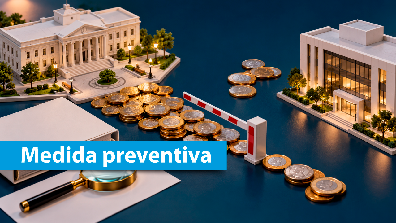 Banner horizontal com o título “Medida preventiva”, em letras brancas sobre uma faixa azul-turquesa na parte inferior esquerda. A imagem apresenta uma composição ilustrativa com edifícios institucionais em miniatura, moedas espalhadas e empilhadas sobre uma superfície azul-escura e uma barreira de segurança levantada, posicionada entre as moedas. 