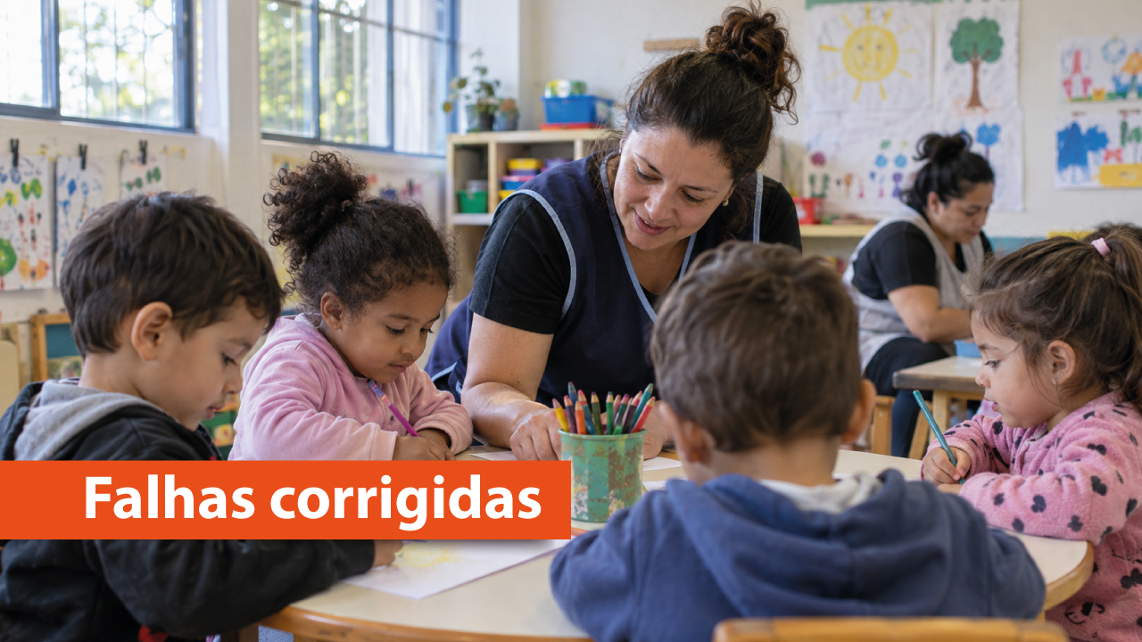 Banner horizontal com foto de uma professora auxiliando algumas crianças a fazerem atividades com lápis e papel em sala de aula. Sobre a foto, em tarja laranja, o texto "Falhas corrigidas". 