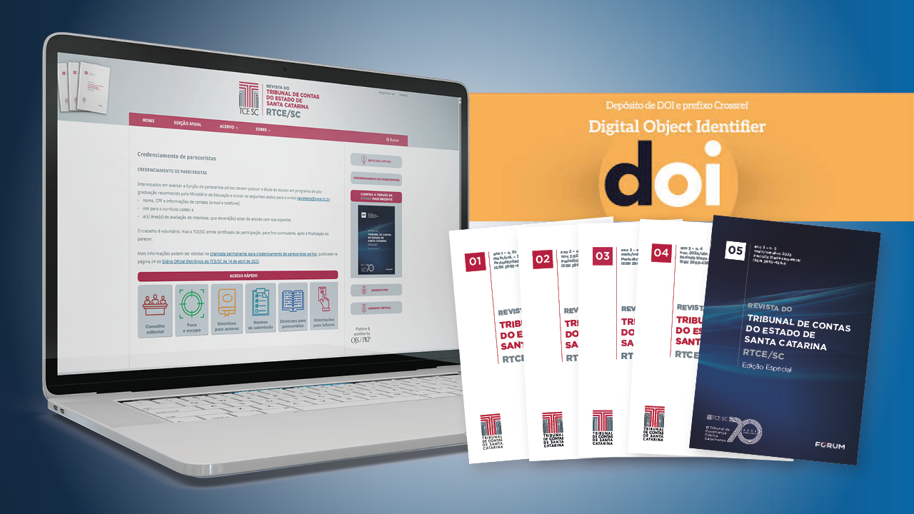 Banner horizontal com fundo azul. À esquerda, imagem de um notebook com print de tela do Sistema OJS. À direita, o logo do Registro DOI sobre um fundo laranja, e cinco capas da RTCE/SC sobrepostas. As capas são compostas pelo título da revista e pela logo do TCE/SC e da Fórum. Quatro delas têm fundo branco e uma, a de cima, tem fundo em tons de azul. 
