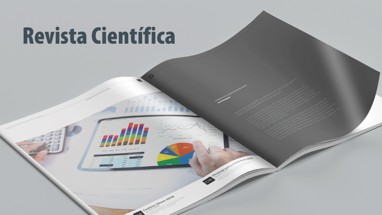 Banner com fundo cinza mostra a imagem de uma revista aberta. Na página à esquerda, há gráficos coloridos. Na página à direita há um texto em letras brancas sobre folha cinza. No alto, à esquerda, a expressão “Revista Científica” 