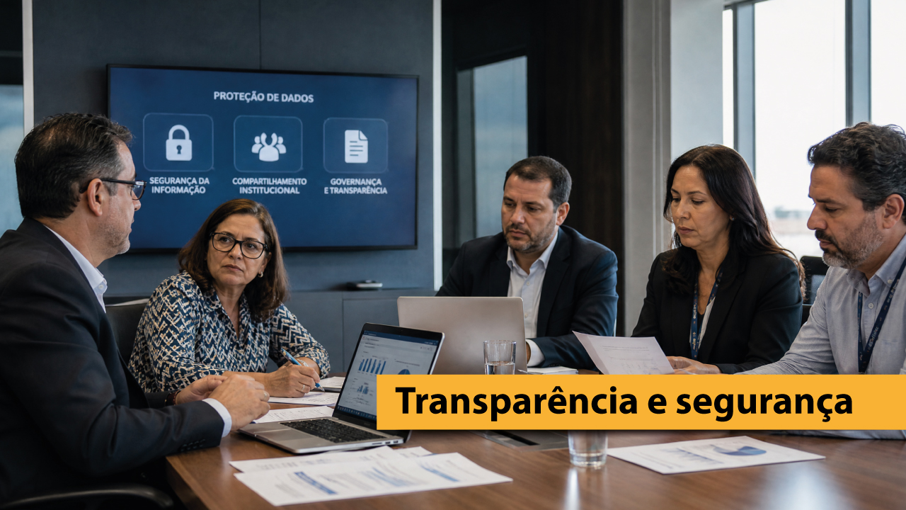 Banner horizontal com foto de cinco pessoas reunidas em volta de uma mesa em reunião. Sobre a mesa, há papéis, notebooks e copos de água. Sobre a foto, em tarja amarela, o texto "Transparência e segurança". 