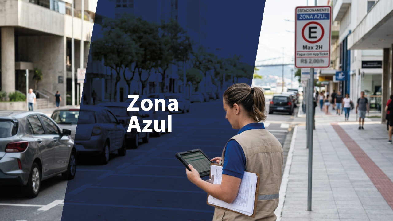 Banner horizontal com foto de uma agente de fiscalização em uma calçada urbana utilizando um tablet e segurando uma prancheta. Ao fundo, há veículos estacionados ao longo da via, pedestres circulando e uma placa de sinalização indicando regras de estacionamento rotativo. Sobre a imagem, uma faixa azul escura na diagonal destacando o texto “Zona Azul”.