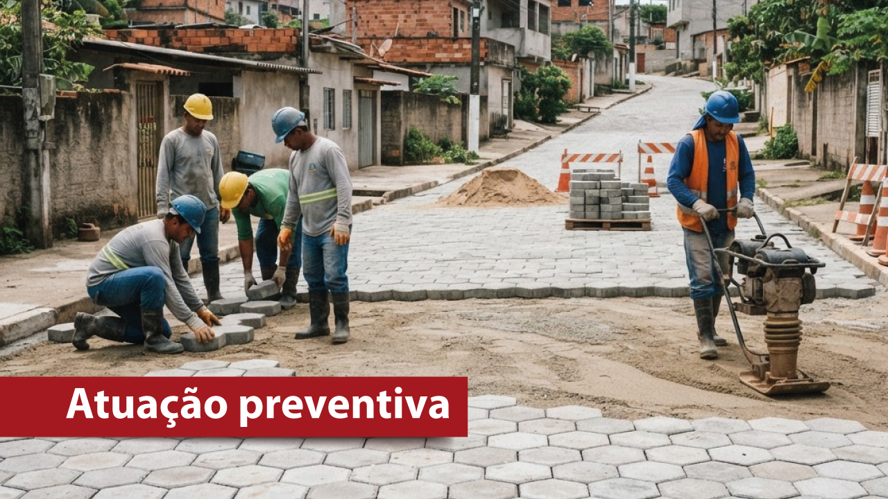Banner horizontal com foto de uma obra de pavimentação em uma rua de um bairro residencial. Cinco trabalhadores usando capacetes, coletes e roupas de proteção atuam na instalação de blocos de concreto no pavimento, enquanto outro trabalhador, à direita, utiliza um equipamento para compactar o solo. Na parte inferior esquerda, uma faixa vermelha destaca o texto “Atuação preventiva” em letras brancas.