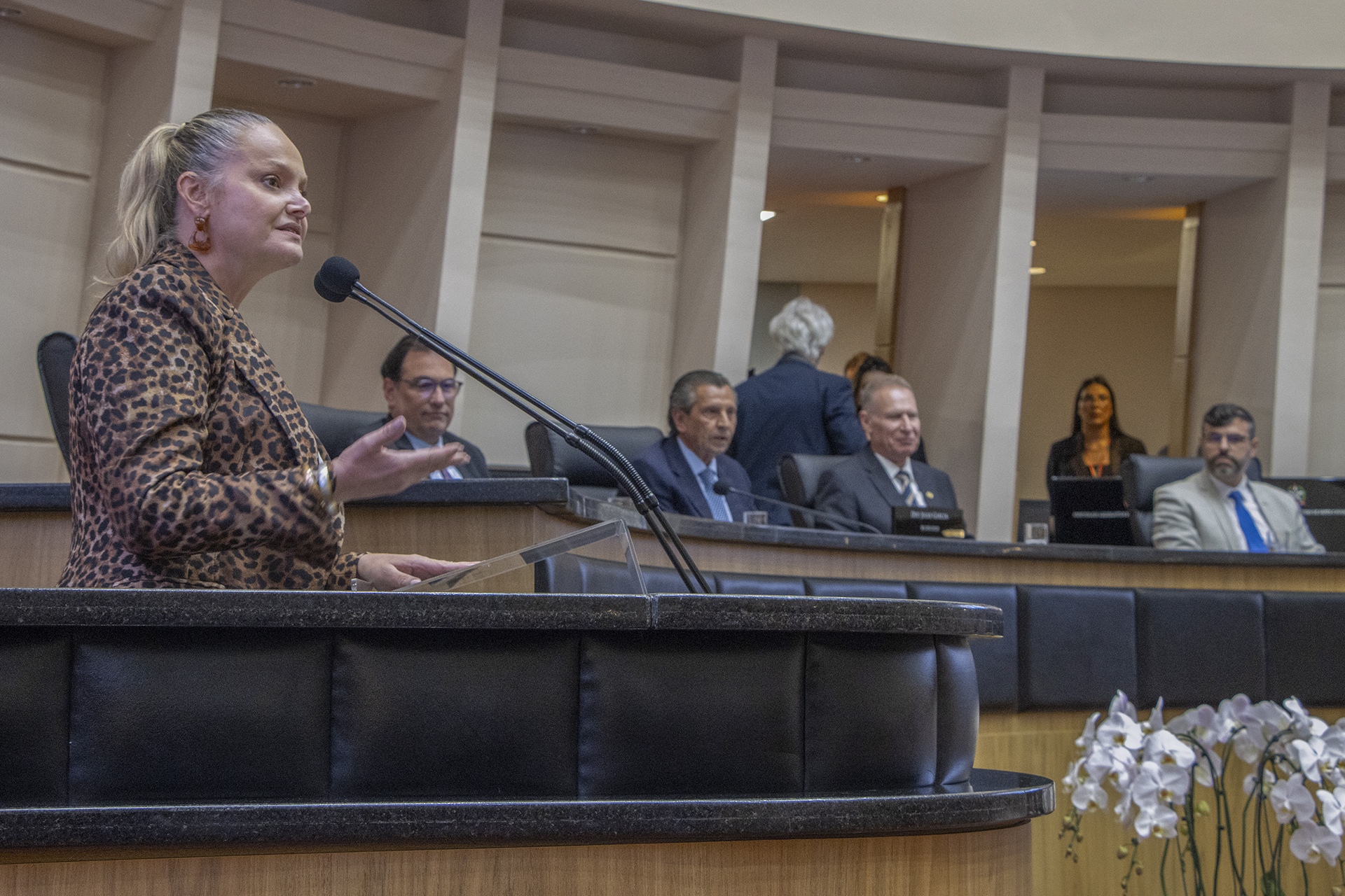 Foto da procuradora-geral de Justiça, Vanessa Cavallazzi, discursando da tribuna.