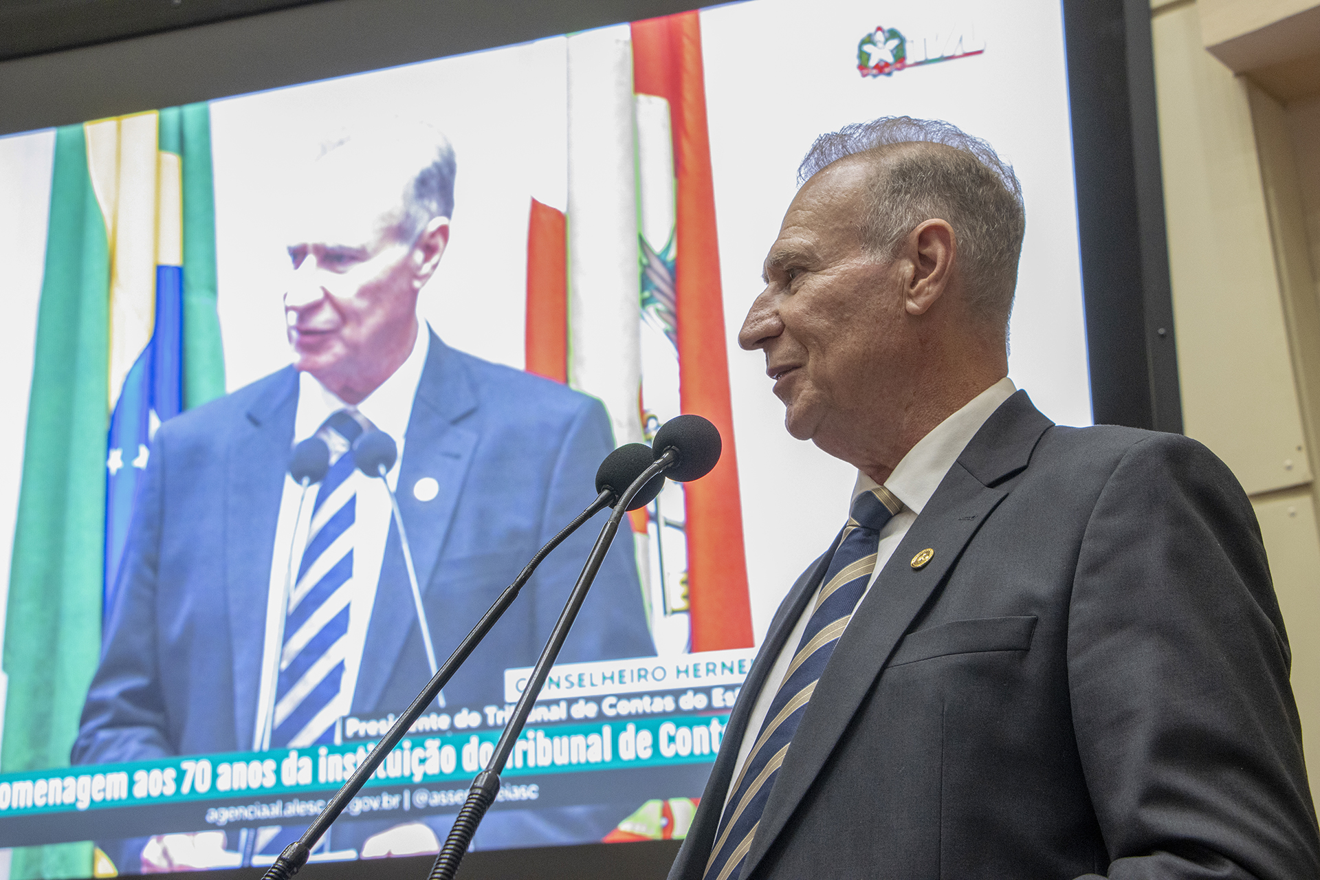 Foto do presidente Herneus De Nadal discursando da tribuna.