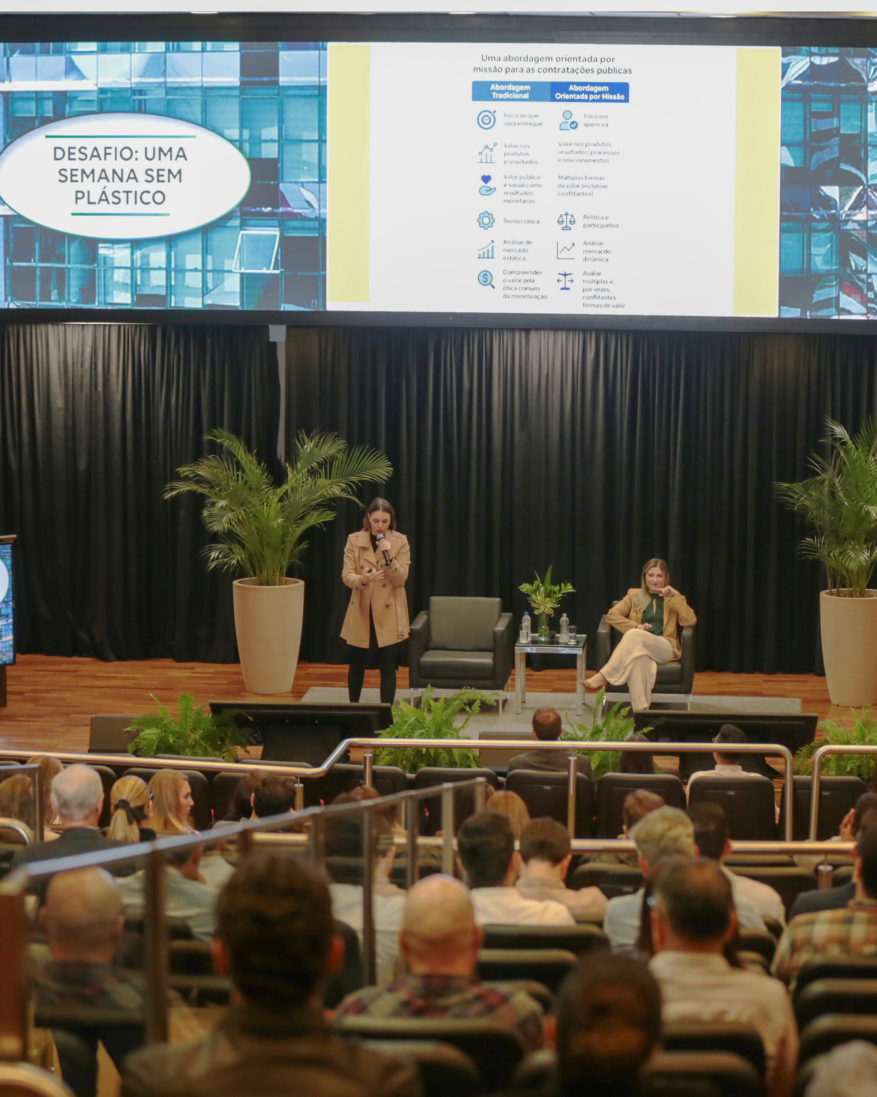 Foto que mostra, em primeiro plano, a plateia, de costas, assistindo à palestra de Giselle Coelho, que está ao fundo, no palco, falando ao microfone, ao lado da coordenadora da Comissão ASG, Marina de Miranda. Atrás delas, no telão, projeção da apresentação.