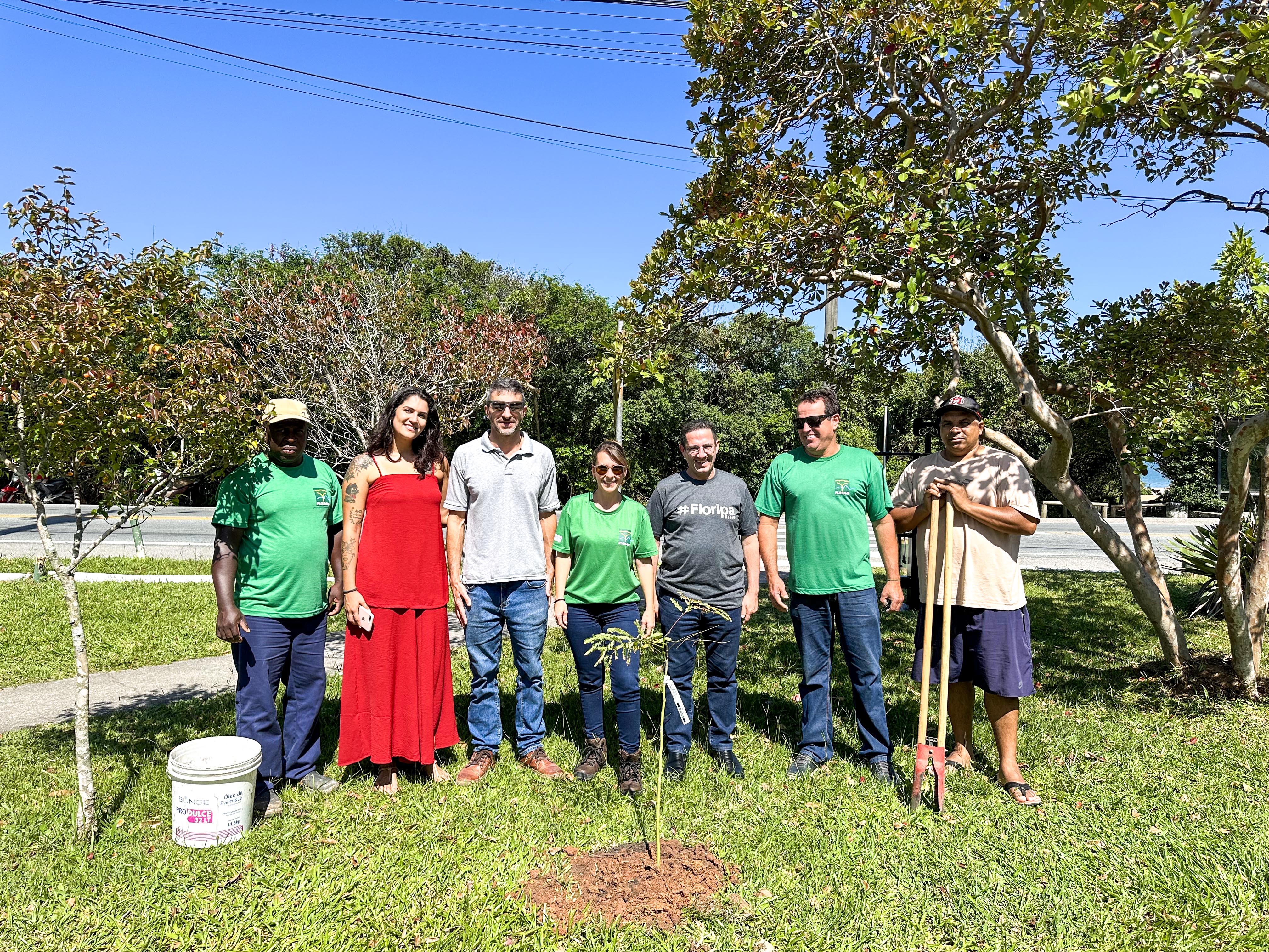 Imagem da entrega realizada em Florianópolis. Há sete pessoas na foto, lado a lado. Entre os presentes, auditores do Tribunal de Contas e membros da Prefeitura. Eles estão em um local com área verde. Há uma muda plantada. 