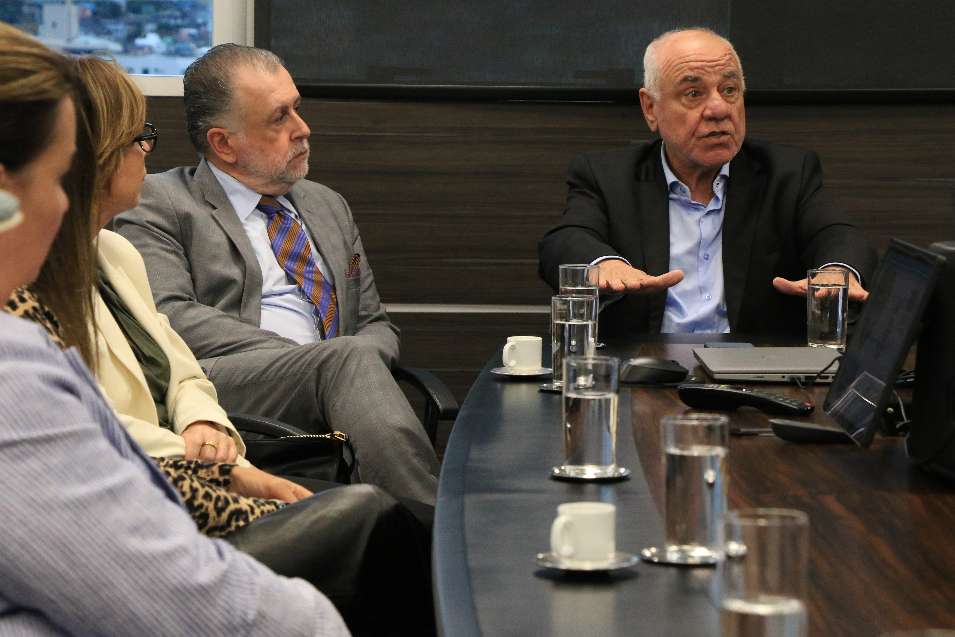 Foto horizontal que destaca o conselheiro Luiz Eduardo Cherem falando aos demais durante reunião, gesticulando com as mãos. Em primeiro plano, outros participantes aparecem parcialmente de costas ou de perfil.