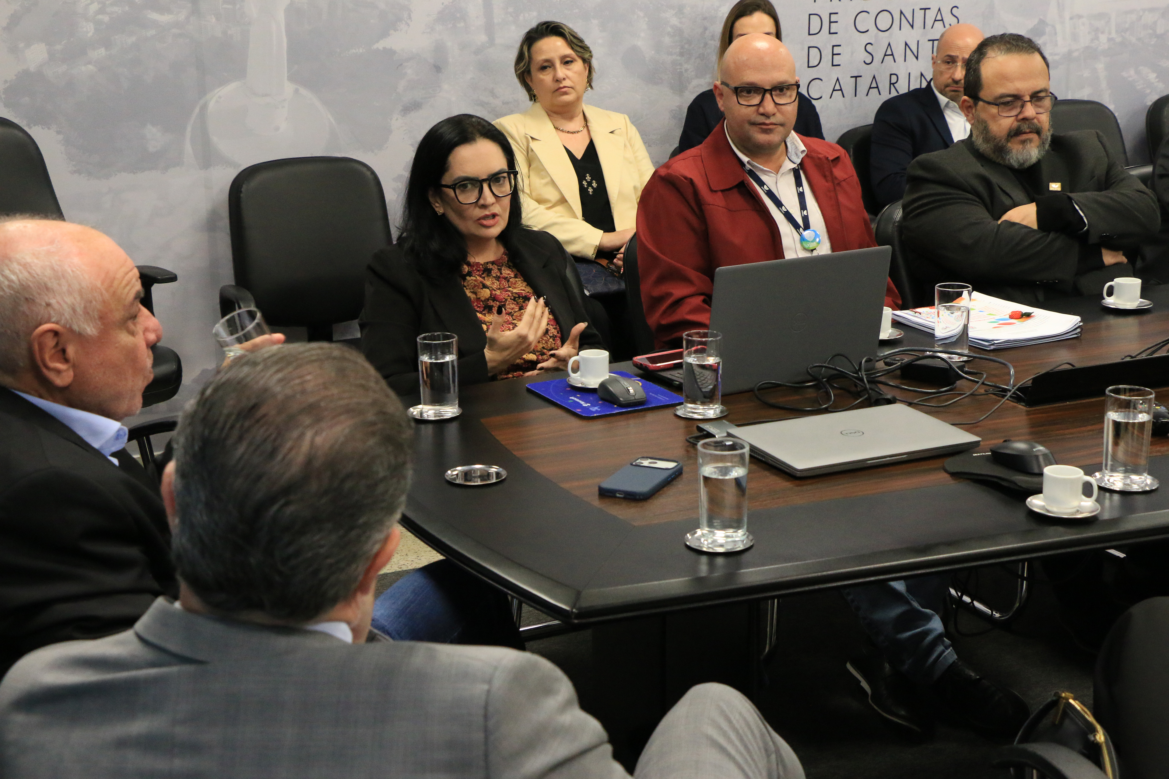Foto horizontal que mostra a pró-reitora de Ensino da Univali, Priscila de Souza, falando aos demais durante a reunião. Ao seu lado, o conselheiro Cherem. Ao redor, outros participantes da reunião. 
