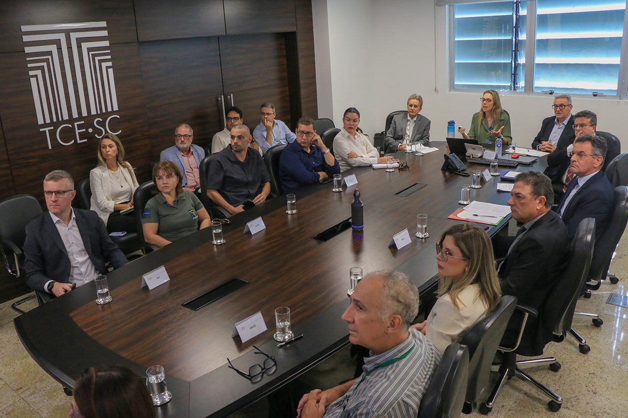 Foto horizontal vista de cima de todos os integrantes da mesa de consensualismo durante reunião. Estão todos sentados ao redor de uma mesa enquanto acompanham atentos à apresentação da engenheira sanitarista da Casan, Andreia Senna Soares Trennepohl. Ao fundo, na parede, plotagem com logo do TCE/SC. 