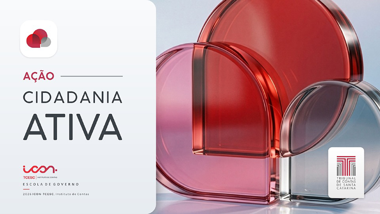 Imagem gráfica institucional com fundo claro e elementos tridimensionais em tons de vermelho e transparente, formando formas geométricas arredondadas à direita. À esquerda, o texto “Ação Cidadania Ativa” e logo do Icon sobre fundo branco. 