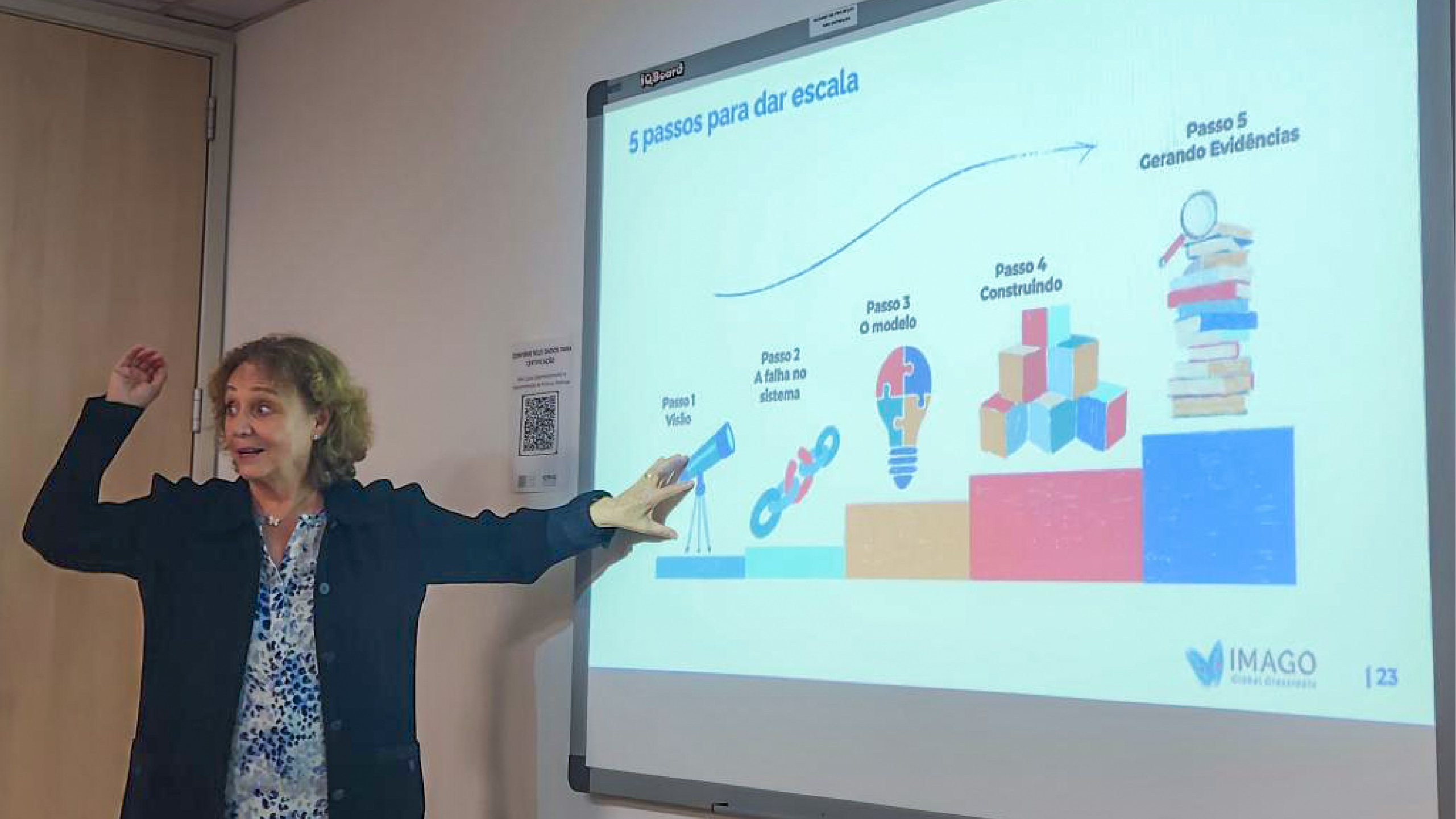 Foto horizontal com a professora Isabel Guerrero que aparece em pé, ao lado da projeção exibida na parede, conduzindo a apresentação.