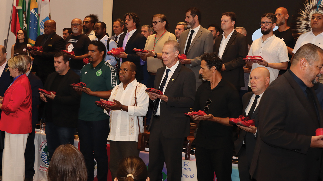 Foto horizontal em auditório durante evento institucional sobre enfrentamento à violência contra as mulheres. No palco, diversos homens e autoridades estão organizados em fileiras, todos segurando sapatos vermelhos nas mãos, símbolo que representa as vítimas de feminicídio. Entre eles está o presidente Herneus De Nadal, vestindo terno escuro, também participando do ato simbólico. À esquerda da imagem aparece a deputada Luciane Carminatti, de blazer vermelho, posicionada próxima às bandeiras institucionais. 