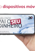 Banner branco, com bordas laterais em cinza-escuro. Ao centro, na parte superior, o texto Versão dispositivos móveis, em fonte bordô. Abaixo, uma mão segura um celular. Na tela, o título “Para onde vai o seu dinheiro”. Nele, a palavra "seu" está destacada em branco sobre um retângulo bordô, e as demais letras estão na cor preta. 