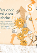 Banner em tons de amarelo-claro. Ao fundo, ilustração de um homem com uma lupa que observa, acima, outros ícones de dinheiro, setas, engrenagens, folhas etc., todos em tons de amarelo e branco. Ao lado e à esquerda, o título Para onde vai o seu dinheiro, em fonte azul-escuro, e o número 13, em fonte amarela. Abaixo, breve explicação sobre a edição.