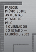 Banner em tons de cinza. Na lateral esquerda, duas linhas, uma horizontal e uma vertical, que formam a letra T. Ao centro, em fonte preta, o título Parecer Prévio sobre as Contas prestadas pelo Governador do Estado — Exercício 2002.