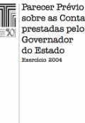 Banner em preto e branco. No canto superior esquerdo, a logomarca do TCE/SC alusiva aos 50 anos. Ao lado e em destaque, o título Parecer Prévio sobre as Contas prestadas pelo Governador do Estado. Abaixo, em menor tamanho, o texto Exercício 2004.  