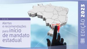 Banner com o texto "Guia Alertas e recomendações para início der mandato estadual", no lado esquerdo, o mapa do Brasil, no centro, com o estado de Santa Catarina em destaque nas cores da bandeira, e o texto "Edição 2023" e a logomarca do TCE/SC, no lado direito.