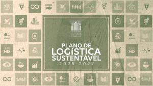 Banner horizontal com mosaico de quadrados em tons de verde, com ícones relacionados à sustentabilidade. Ao centro, em um retângulo verde maior, o logo do TCE/SC e o texto “Plano de Logística Sustentável 2025-2027", em fonte branca. O banner simula papel reciclado.