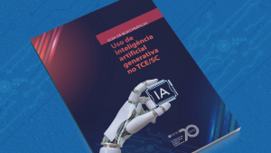 Banner horizontal com fundo azul-claro. Ao centro, capa do guia de boas práticas: uso de inteligência artificial generativa no TCE/SC, composta pelo título sobre fundo azul-escuro, com imagem de uma mão robótica. 