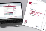 Banner horizontal com fundo cinza. À esquerda, imagem de um notebook com print de tela do software OJS. À direita, há três capas da RTCE/SC sobrepostas. As capas são compostas pelo título da revista e pela logo do TCE/SC e da Fórum sobre um fundo branco.